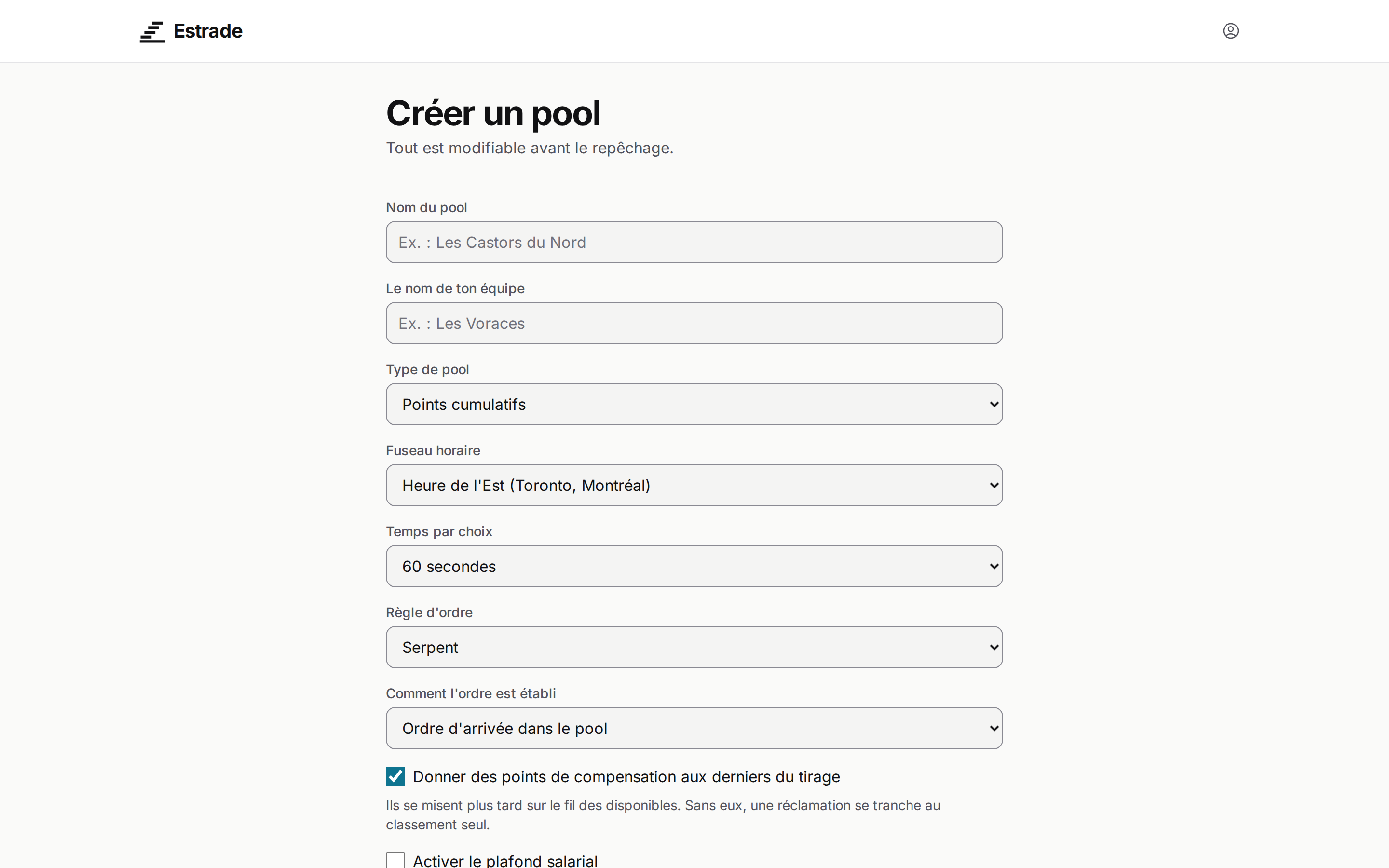 Le formulaire de création d'un pool